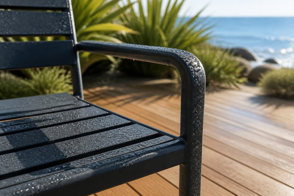 Close-up of a powder-coated aluminium outdoor chair frame with water droplets on the surface, set on a sunlit deck with coastal plants in the background