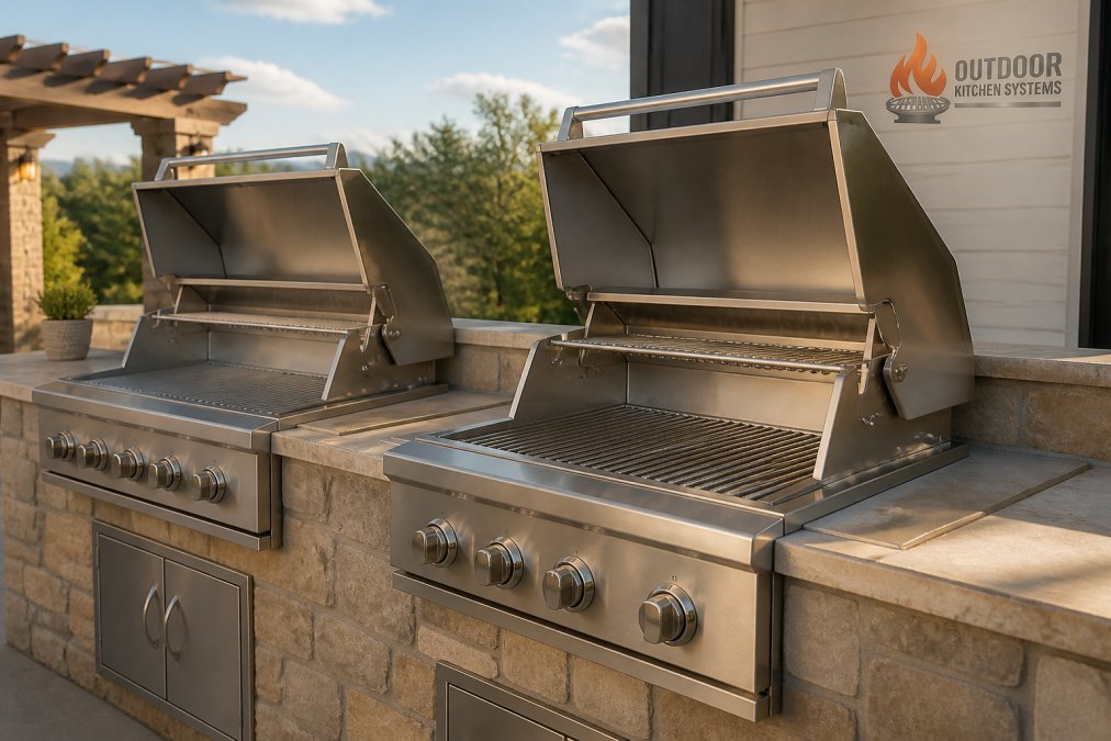 Stainless steel built-in grill components set into a stone outdoor kitchen counter at sunset