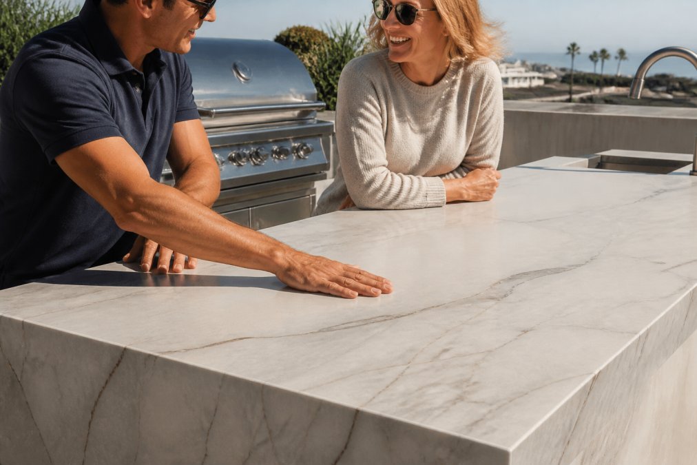 Close-up photograph of a high-end outdoor kitchen countertop made from veined sintered stone, stainless steel grill partially visible behind it, sunny patio setting with coastal light