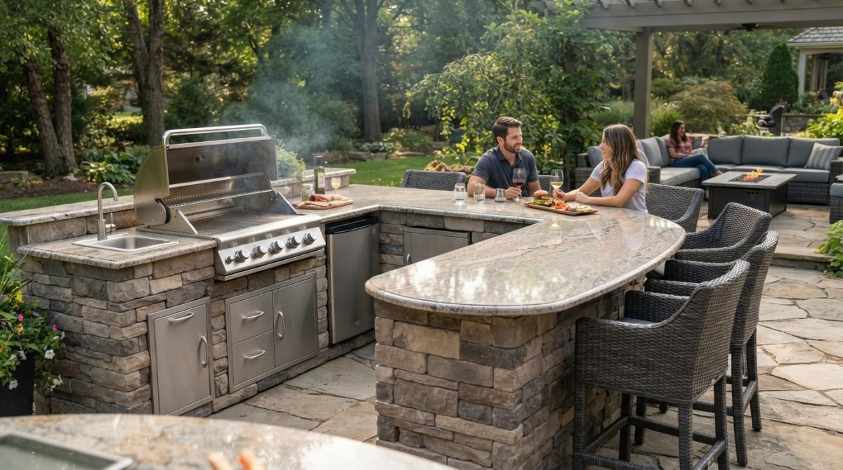 Luxurious outdoor patio featuring a stainless steel 104-inch kitchen island with integrated grill, sink, and storage cabinets, set against manicured landscape with comfortable seating area