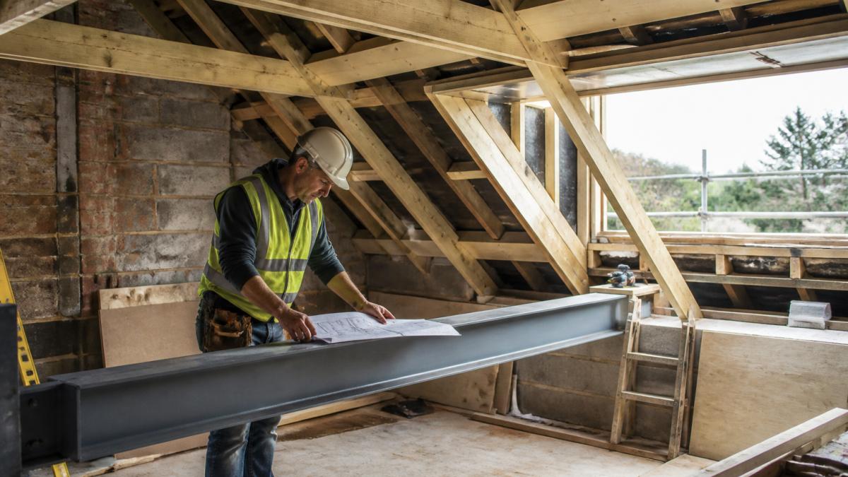 A loft conversion in progress inside a period home, exposed timber roof beams and a new dormer opening letting in daylight, a builder in a hard hat checking a steel beam against architectural drawings