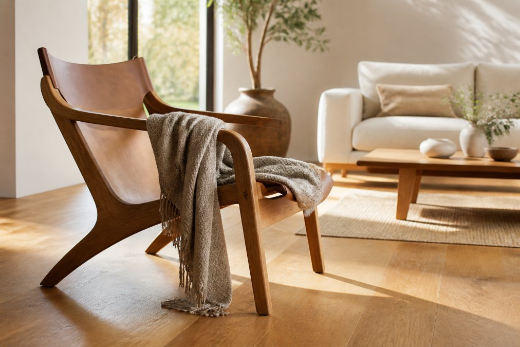 A bright, airy living room with a sculptural wooden lounge chair and a wool textile throw, natural light casting soft shadows on oak flooring