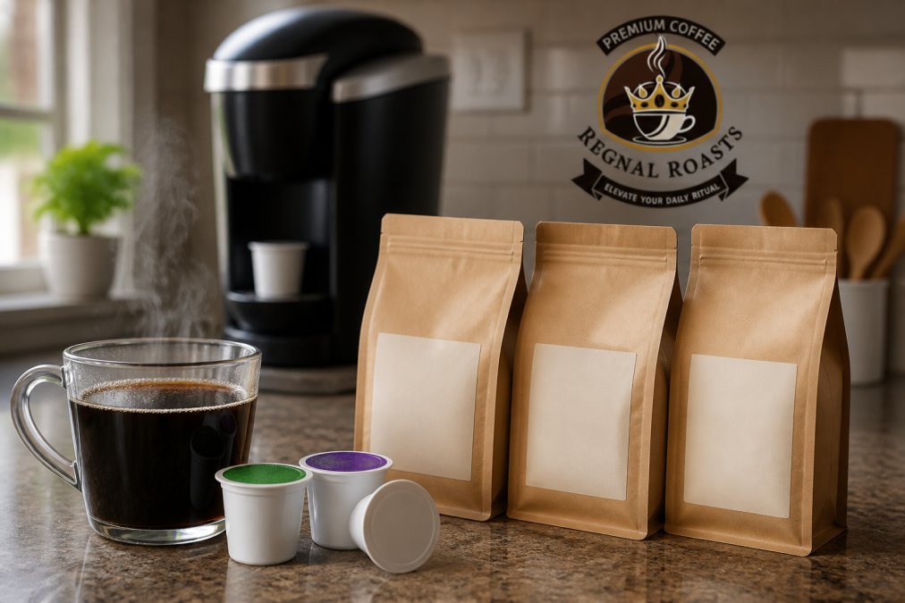Steaming cup of coffee next to three bags of small-batch coffee pods and a brewer on a kitchen counter.