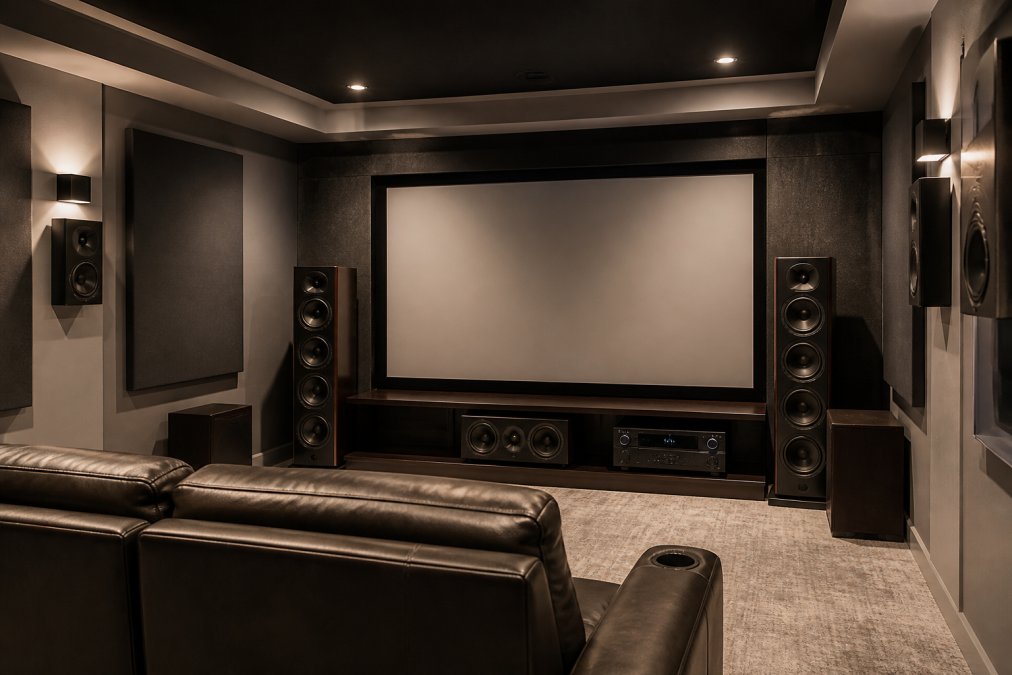Professional home theater room with multiple premium loudspeakers mounted around walls, large display screen, AV receiver on media console, finished residential space with acoustic treatment visible