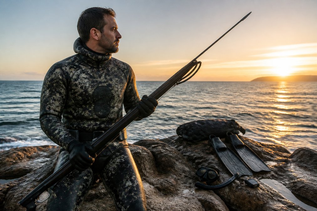 Spearfisher in a camo wetsuit holding a rail gun on a rocky shore at sunrise with dive gear nearby