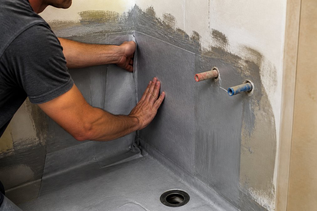 High-end tile contractors applying a waterproof membrane to bathroom walls with precision.