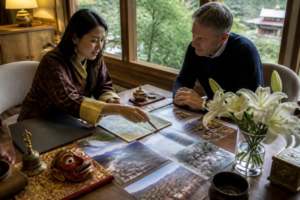 Luxury travel designer and client reviewing detailed Bhutan itinerary with maps, cultural photographs, and local artefacts on an elegant wooden desk with natural window lighting