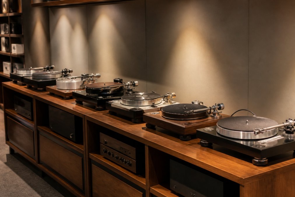 A row of six high-end turntables with different platter materials and tonearm designs displayed on a wooden shelf in a specialist audio shop, warm spotlights highlighting the precision engineering of each deck