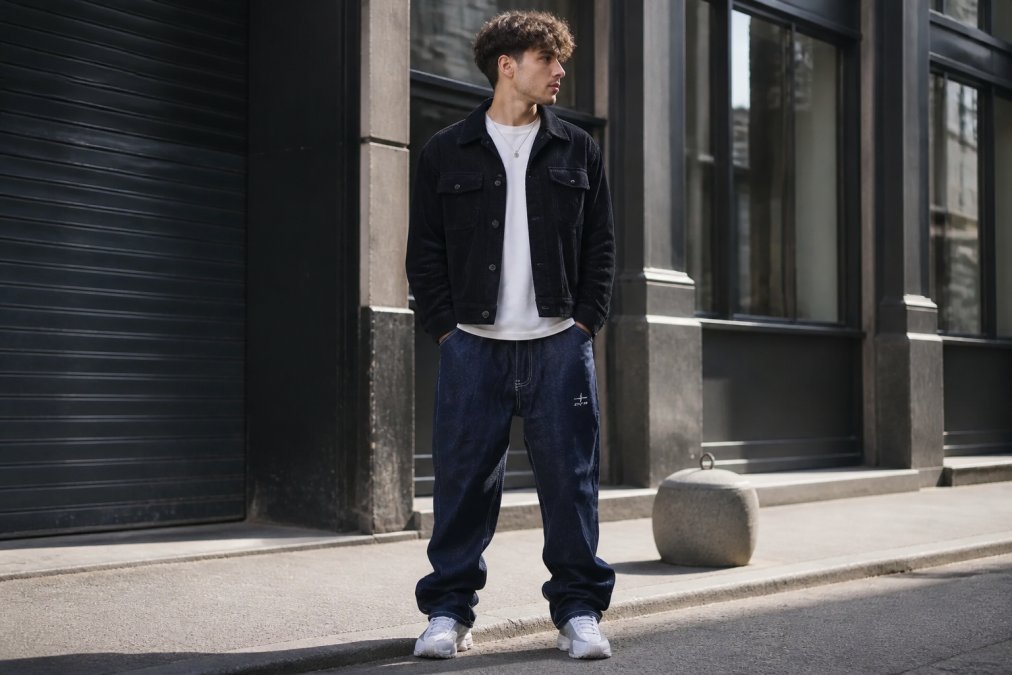 Persoon staande in urban setting met gemengde outfit: oversized Bandana T-shirt onder premium corduroy work jacket, baggy Bandana Jeans, minimale accessories, natuurlijke daglicht tussen stadspanden