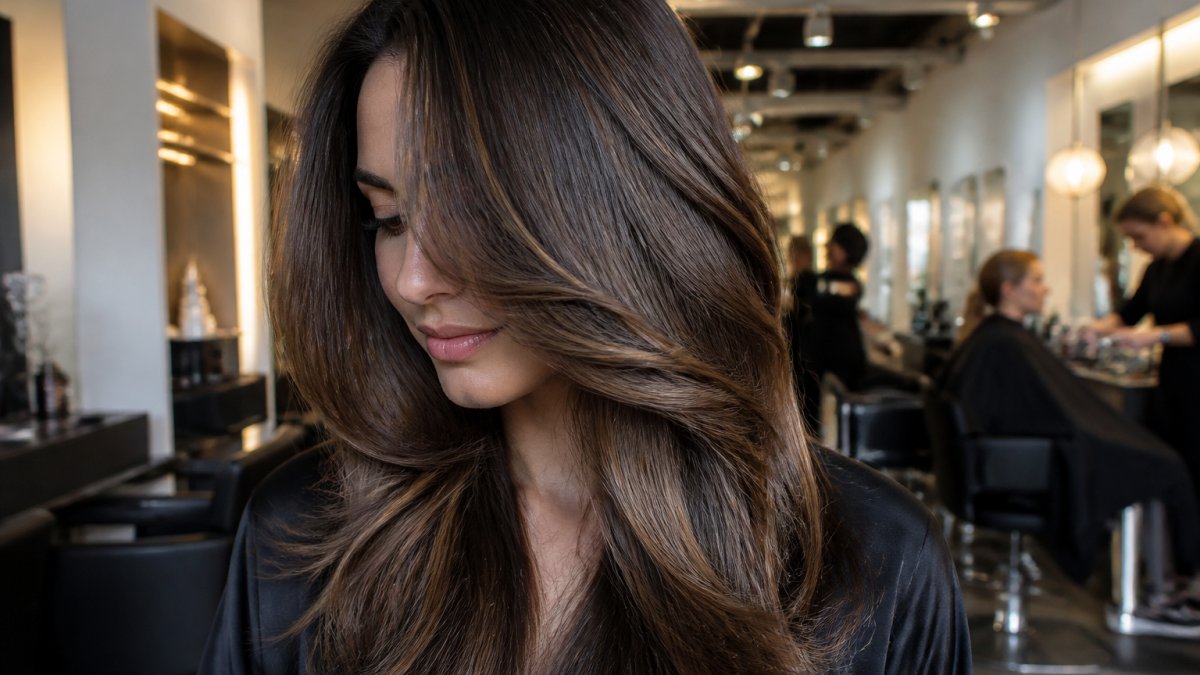 Close-up of model with multidimensional glossy brunette hair catching light to show depth and movement, styled with refined elegance in professional salon setting