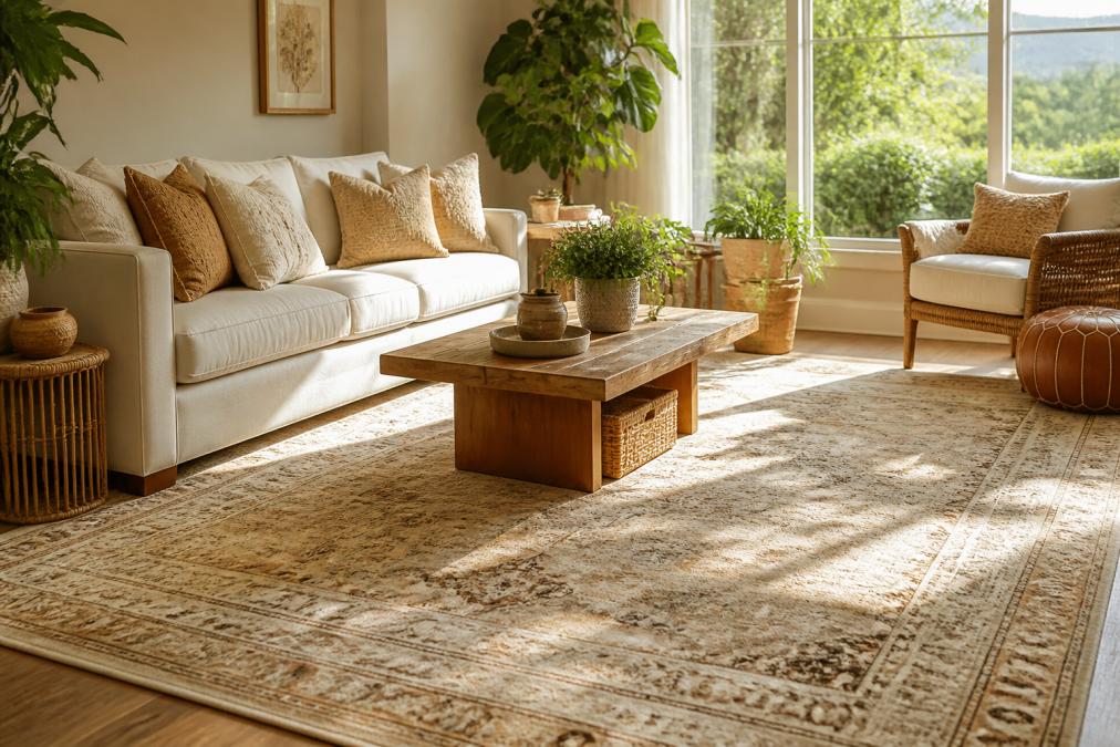 Bright, airy living room with a beige vintage area rug anchoring a seating area, featuring layered throw pillows in cream and gold tones, a rattan side table, and warm natural light streaming through large windows highlighting the textured rug pattern