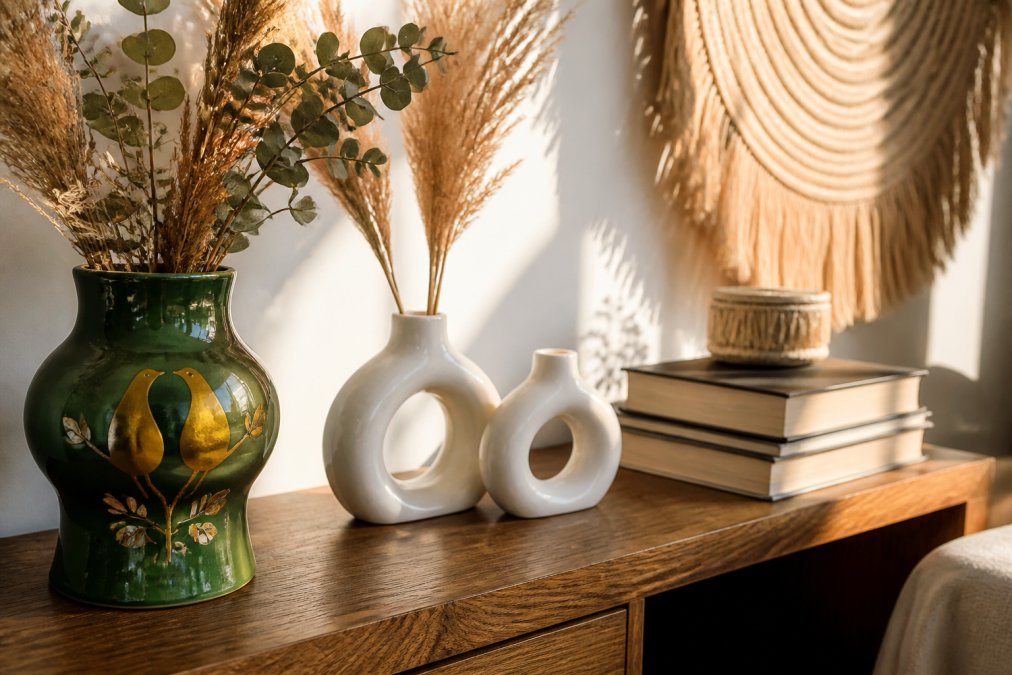 Close-up of a styled console table displaying a green and gold ceramic vase with abstract lovebird design, white ceramic donut vases, dried pampas grass, and stacked books, with warm afternoon light highlighting the textures and finishes