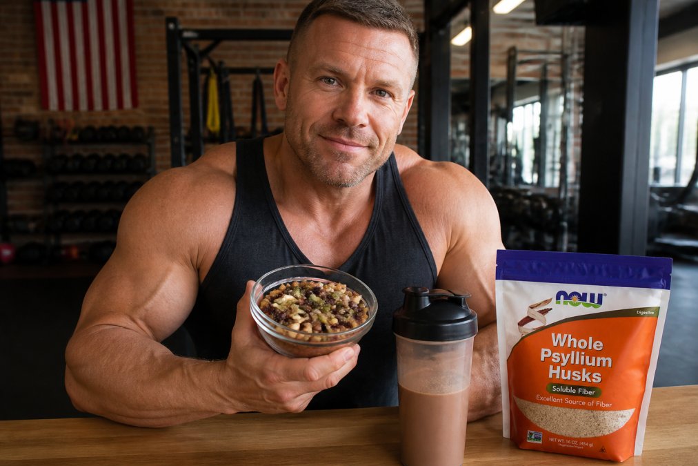 Athlete in gym attire holding a bowl of mixed nuts, seeds, and dried berries with a protein shake on the table beside them, demonstrating practical high-fiber snack preparation in natural lighting