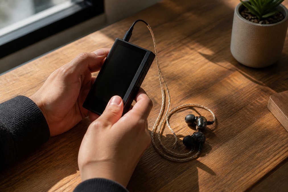 Close-up of a person's hands holding a compact digital audio player with a pair of IEMs resting on a wooden desk, natural window light casting soft shadows across the surface