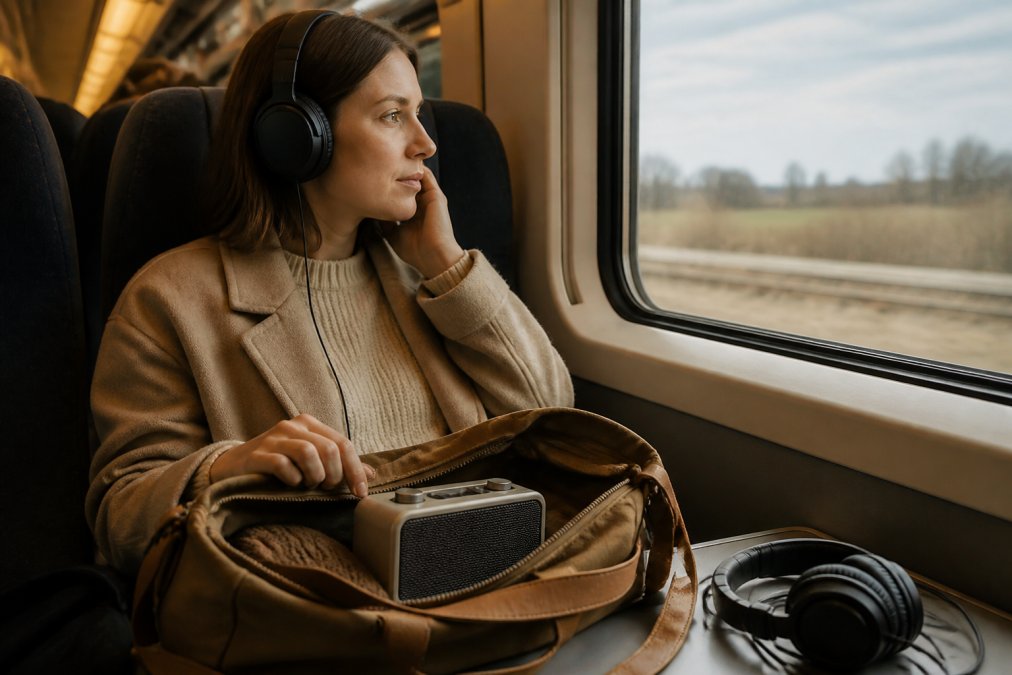 A commuter seated on a train with over-ear headphones on, a small retro-styled Bluetooth speaker visible in an open bag beside them, warm ambient carriage lighting illuminating the scene