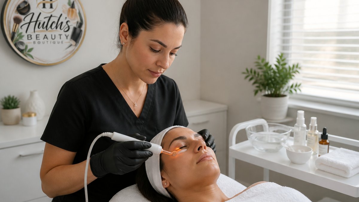 Professional demonstrating high frequency wand dark circles technique in modern clinical setting with natural lighting