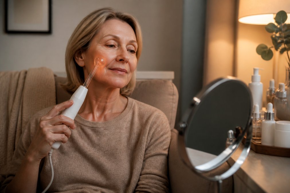 A woman in her 50s relaxing at home on a sofa, holding a small high frequency wand device with a glass electrode near her cheek, a mirror and several skincare bottles on the side table, warm soft evening lighting