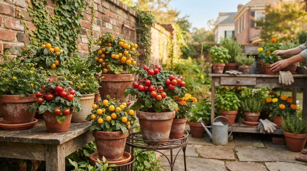 A vibrant container garden on a sunny Southern patio, several small pots of micro dwarf tomato plants heavy with ripe red and golden cherry tomatoes, warm afternoon light
