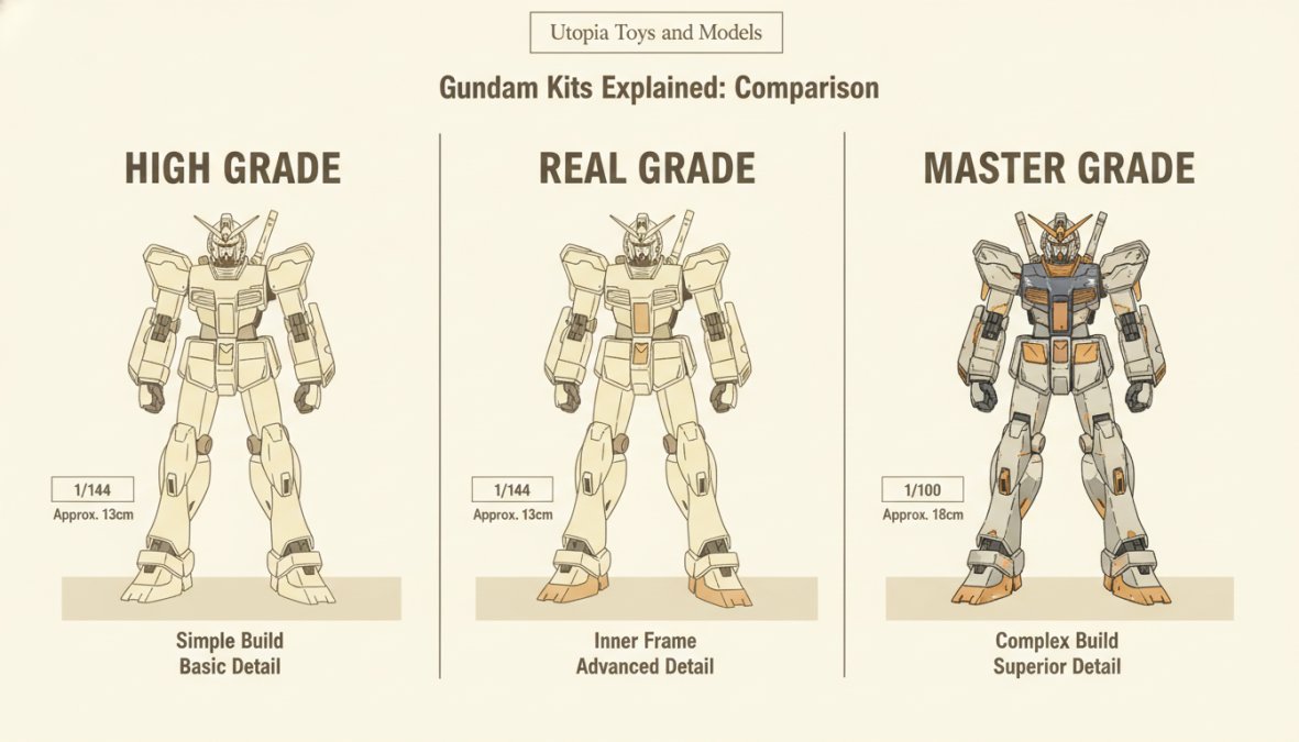 Three Gundam model kits displayed side-by-side on a hobby shelf, High Grade, Real Grade, and Master Grade, showing clear scale differences and varying detail levels under studio lighting