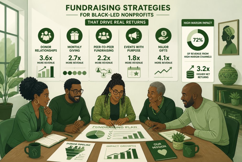 Diverse group of nonprofit leaders and community members gathered around a table reviewing fundraising materials and planning documents together, with natural light streaming through windows and culturally meaningful items on display
