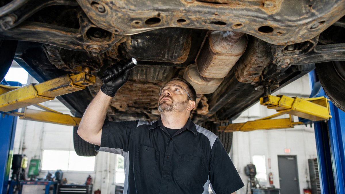 Professional mechanic inspecting the undercarriage and frame of a used pickup truck in a service bay, checking for rust damage and structural integrity under bright overhead lighting