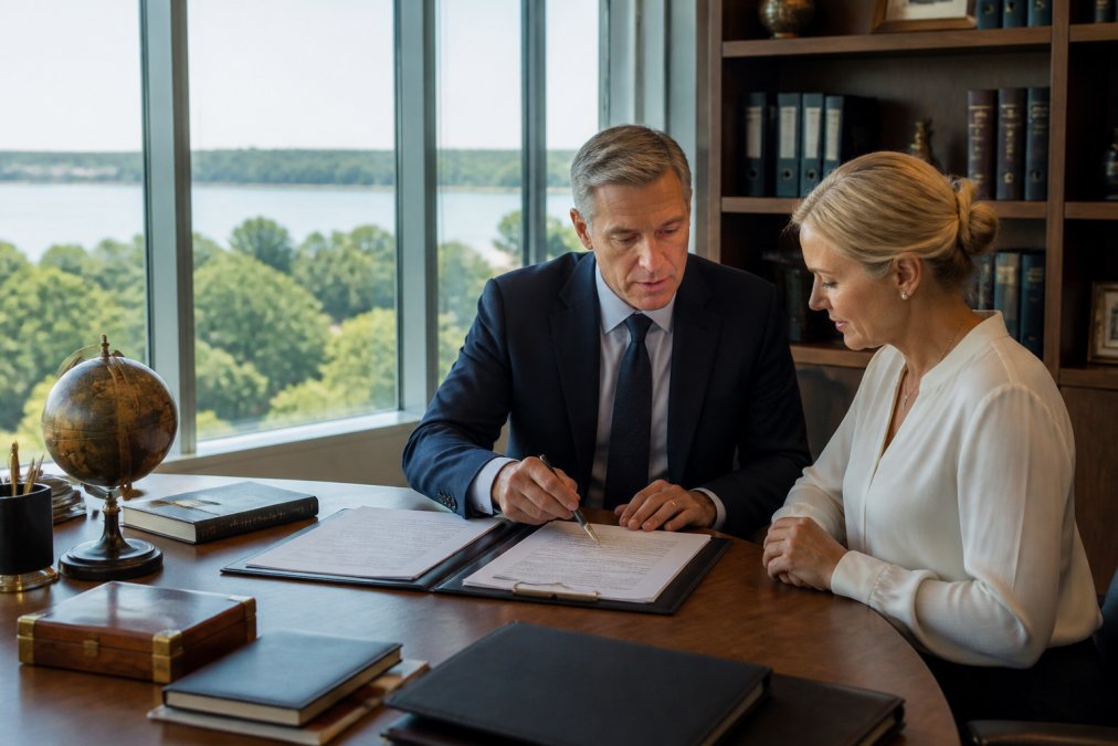 A financial advisor and high net worth client reviewing asset protection documents and strategy in a modern office with floor-to-ceiling windows and natural lighting