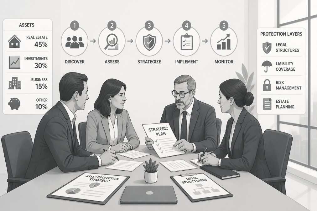 Business owner and high net worth individual meeting with legal and financial professionals around a conference table, reviewing contracts and strategic planning documents with natural office lighting