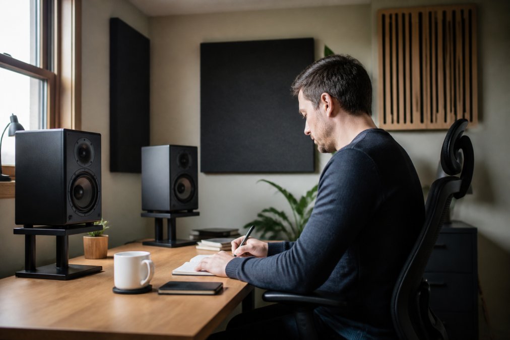 Compact home office with a pair of bookshelf speakers positioned on desk stands at ear level, angled toward the seated listening position, with acoustic panels visible on the walls behind and to the sides