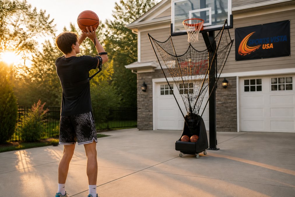 A teenage basketball player using a shooting form trainer on an outdoor driveway court, with a ball return machine positioned under the hoop, late afternoon light