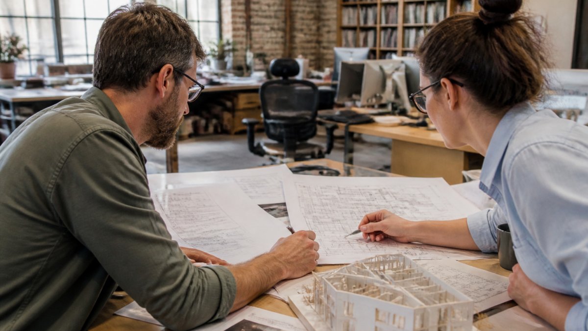 Professional architects and mechanical engineers collaborating at workstation reviewing building performance data, energy models, and design drawings on multiple screens with performance charts and thermal analysis visible