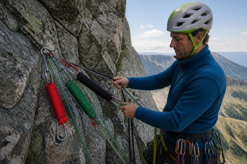 A climber setting up an anchor with multiple slings and carabiners on a rock face during daylight, demonstrating practical anchor building and rigging with slings in real climbing conditions