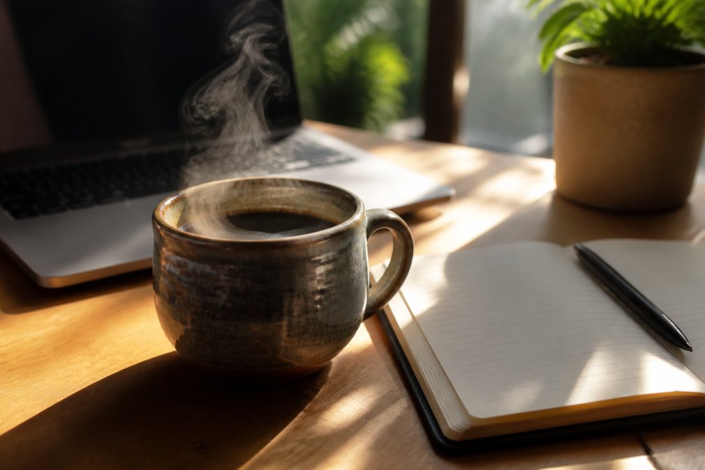 A close-up shot of a freshly brewed cup of dark coffee in a ceramic mug, steam rising, on a wooden desk beside an open laptop and a notebook in soft morning light