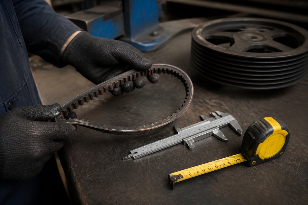 Technician measuring a worn cogged belt with calipers to learn cogged belt benefits for proper replacement sizing