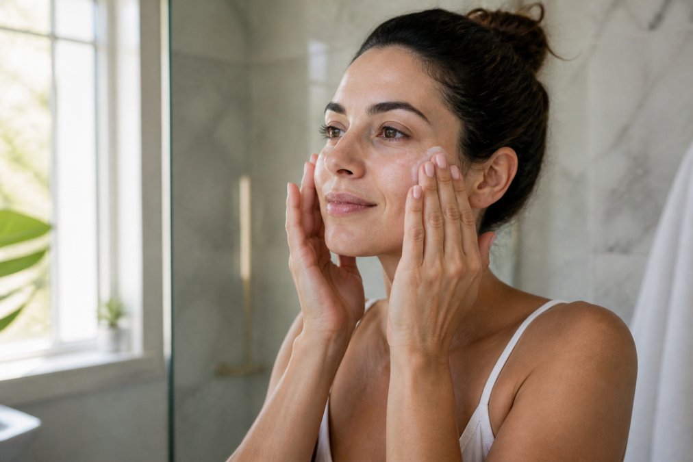 Close-up of a woman's hands applying a clear serum to her face with fingertips on cheekbones, soft natural window light in a bright bathroom setting
