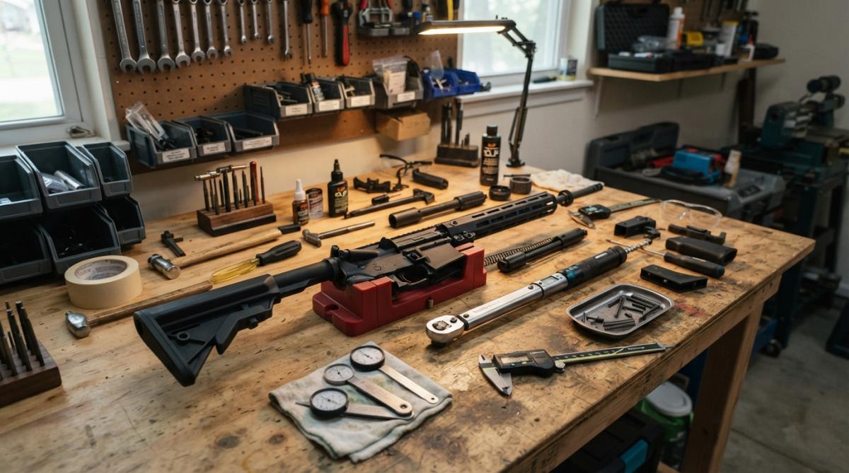 Precision gunsmithing workbench with torque wrench, go/no-go gauges, calipers, and disassembled firearm components arranged on a clean work surface with task lighting