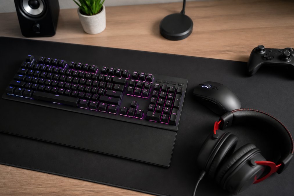 Close-up overhead shot of a high-performance gaming desk featuring a mechanical keyboard with RGB lighting, a precision gaming mouse, and a gaming headset resting on a stand, all neatly arranged on a large black mouse pad under warm desk lamp lighting