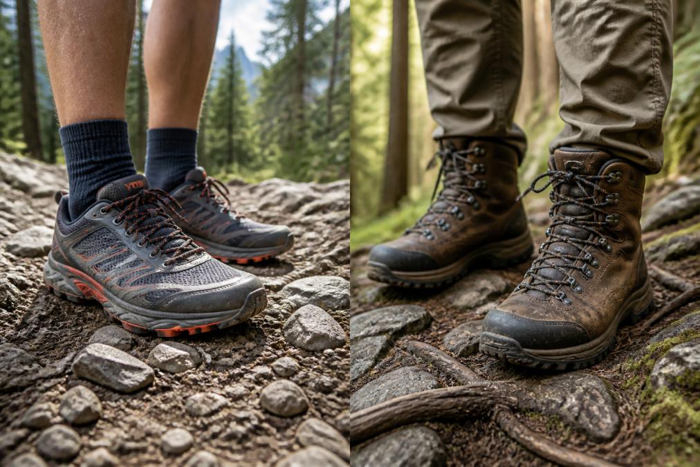 Close-up of a hiker's feet wearing trail running shoes on a rocky mountain path, loose gravel and exposed roots visible underfoot, natural morning light filtering through forest canopy