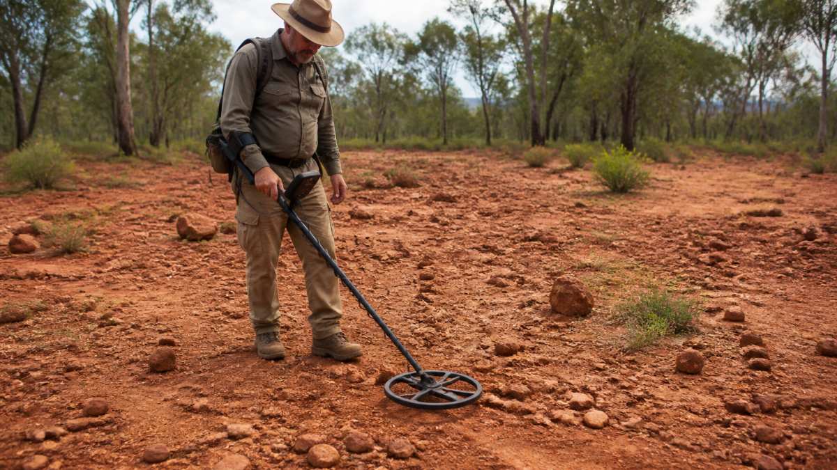 Experienced prospector in red mineralized soil using professional gold detector with large coil positioned near ground in open terrain with natural daylight