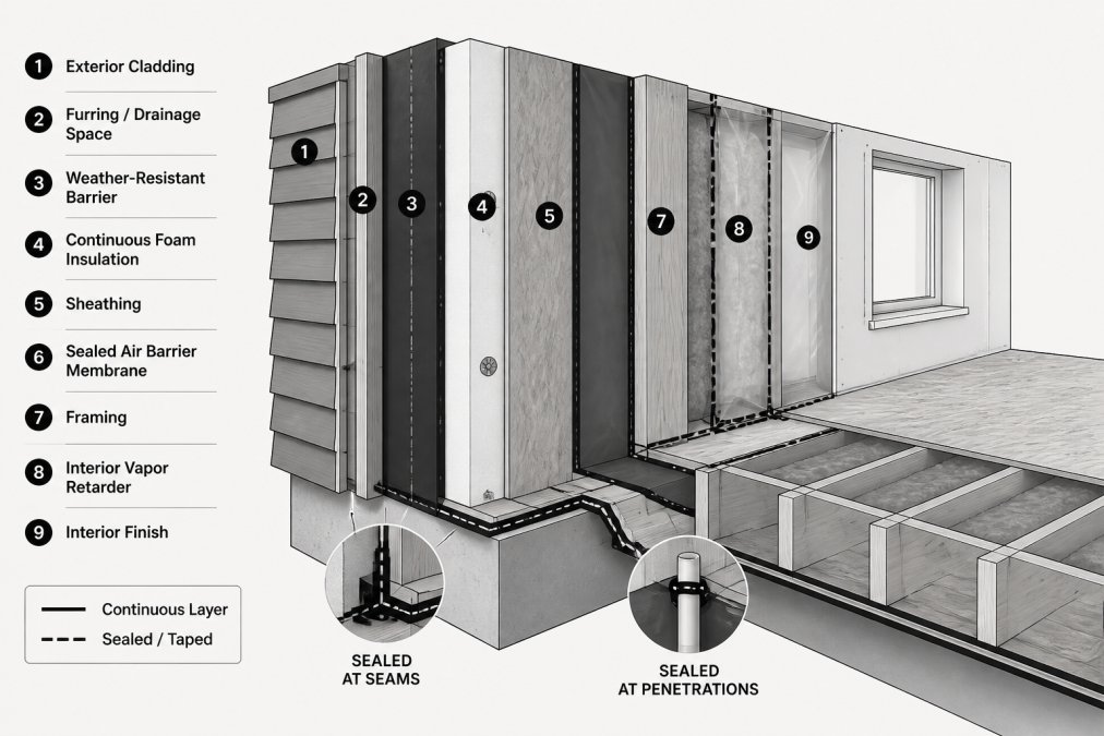 Cross-section of a building envelope showing continuous foam insulation board, sealed air barrier membrane, interior vapor retarder, and exterior weather-resistant barrier during mid-construction with visible layers and fastening details