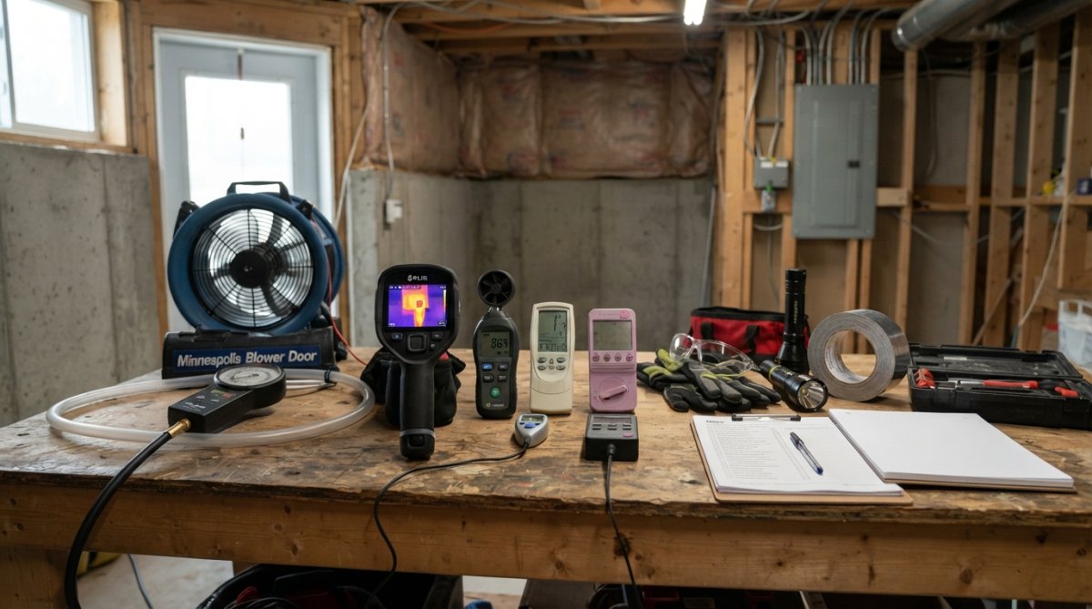 Professional energy auditor using thermal imaging camera to inspect building envelope and insulation in residential home, with thermal patterns visible on screen