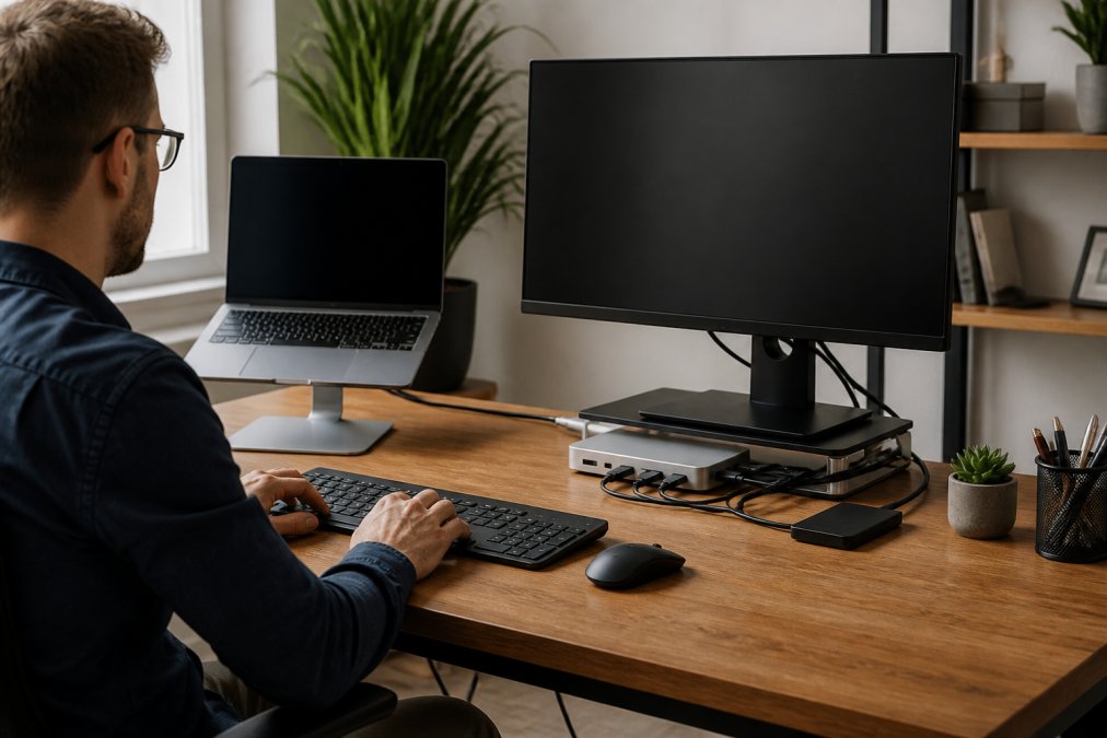Professional working at organized desk with laptop elevated on stand, external monitor displaying code, docking station with organized cables, ergonomic keyboard and mouse visible