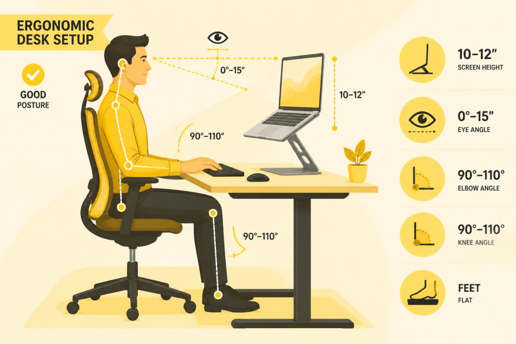 Person sitting at desk with laptop elevated on metal stand at eye level, external keyboard and mouse positioned for proper arm angle, showing correct posture and neck alignment