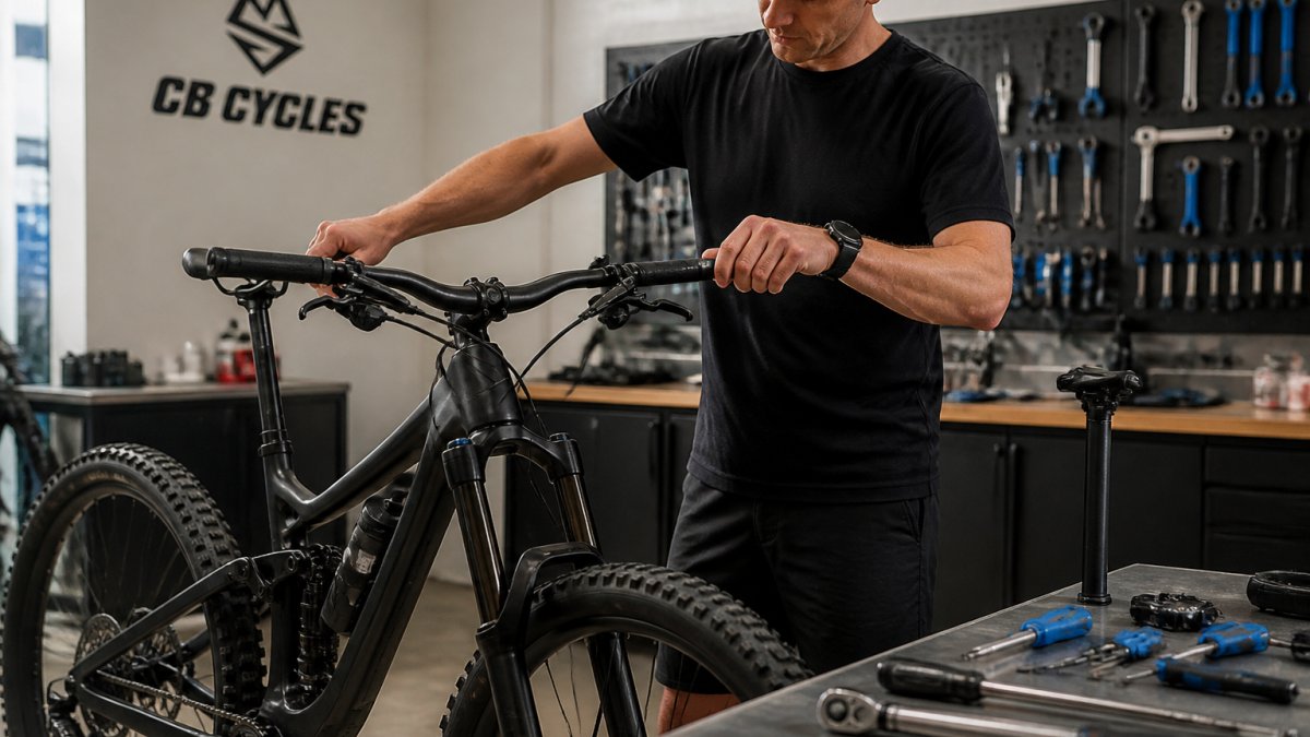 A rider standing beside a high-performance mountain bike in a bright workshop, hands on the handlebar checking cockpit height, tools and a torque wrench on the bench beside them