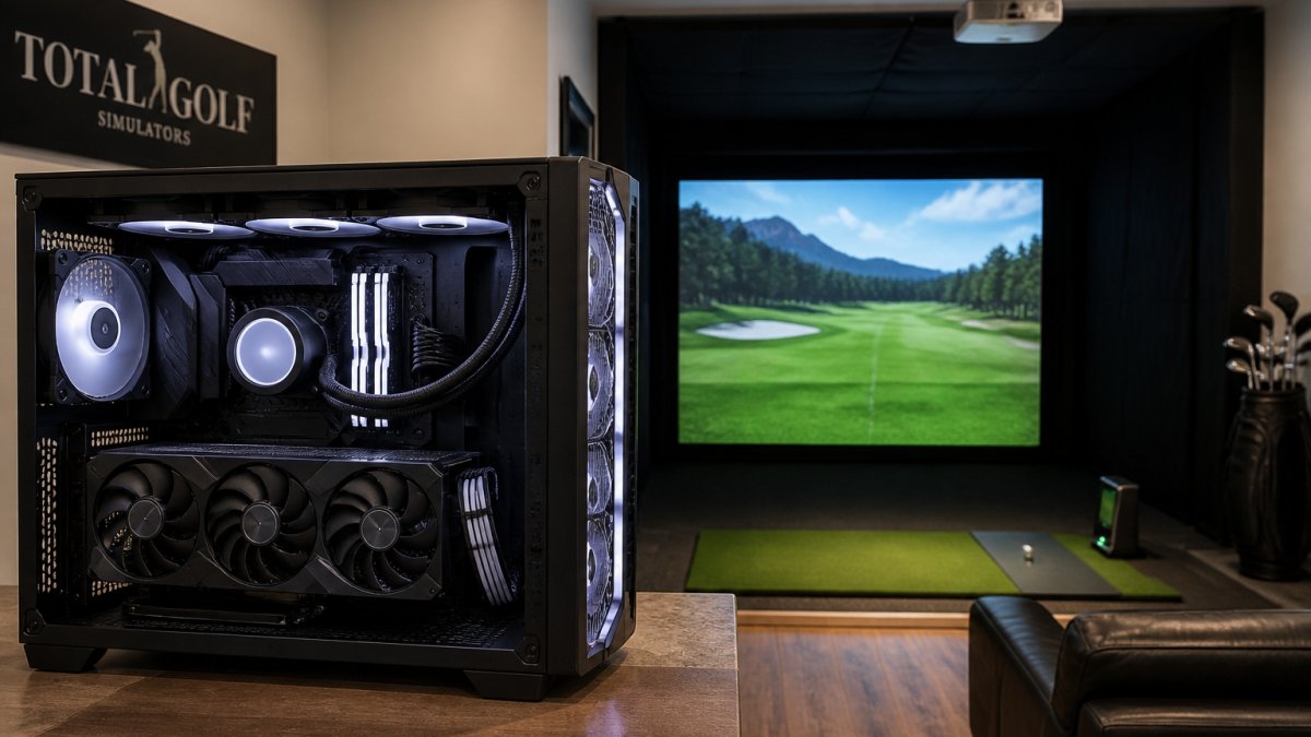 High-end gaming PC with internal components glowing next to a home golf simulator setup