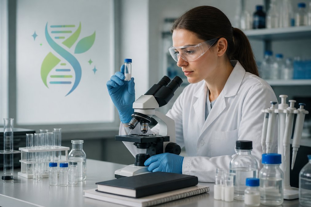 A researcher in a laboratory setting examining a vial of peptide compound under a microscope, with scientific equipment and notebooks visible in the background