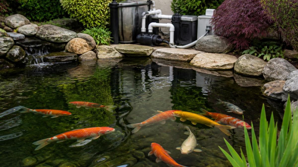 A well-maintained outdoor koi pond with crystal-clear water, showing goldfish and koi swimming near the surface, with visible drum filter equipment and pump in the background against landscaped surroundings