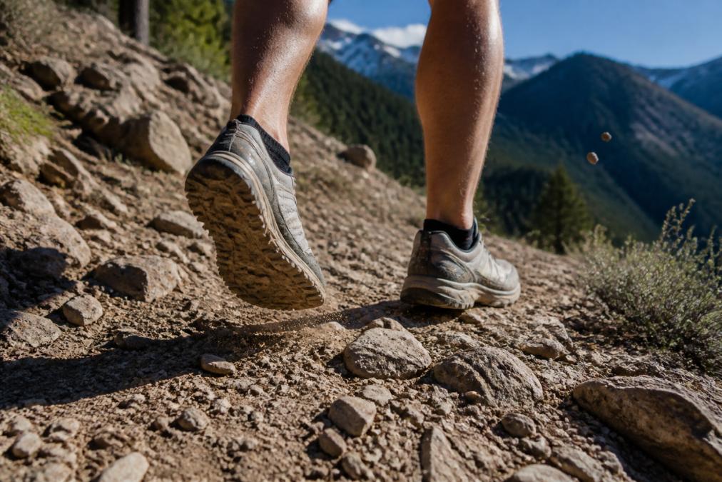 Close-up of a trail runner's feet on a rocky Colorado trail, wearing low-cut performance socks and trail shoes, with dust and debris visible on the path