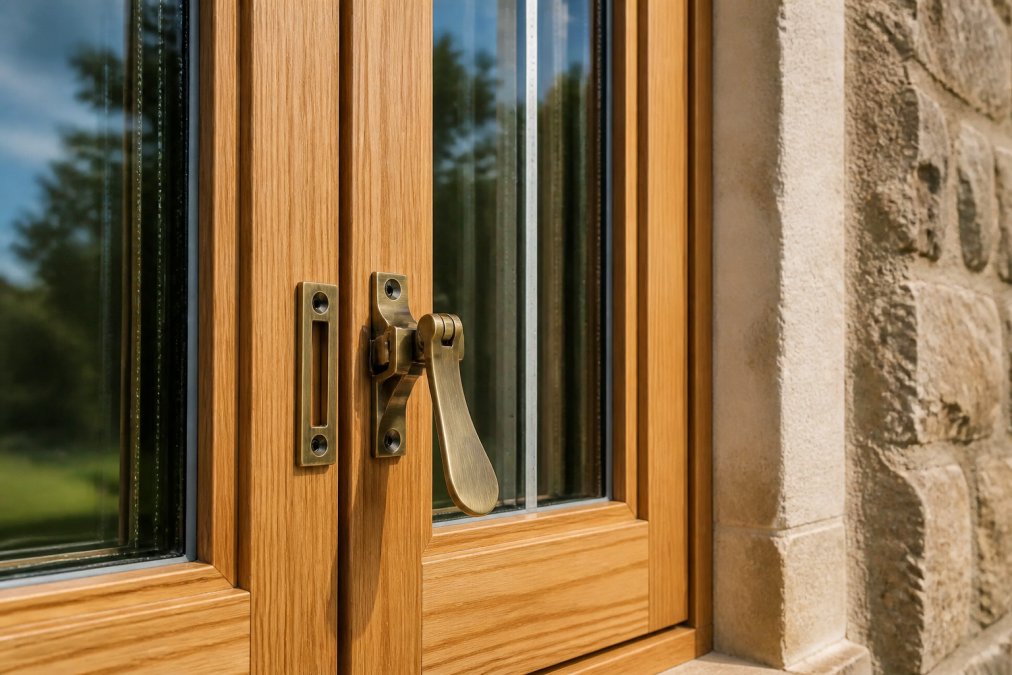 Close-up of a timber casement window with visible wood grain detail, triple-glazed panes showing low-emissivity coating, and traditional polished brass hardware mounted in a period stone property exterior wall in afternoon sunlight