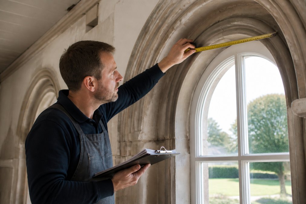 Craftsperson measuring a non-standard Victorian arched window opening with a tape measure, clipboard in hand, examining the stone frame closely in natural daylight, wearing work apron