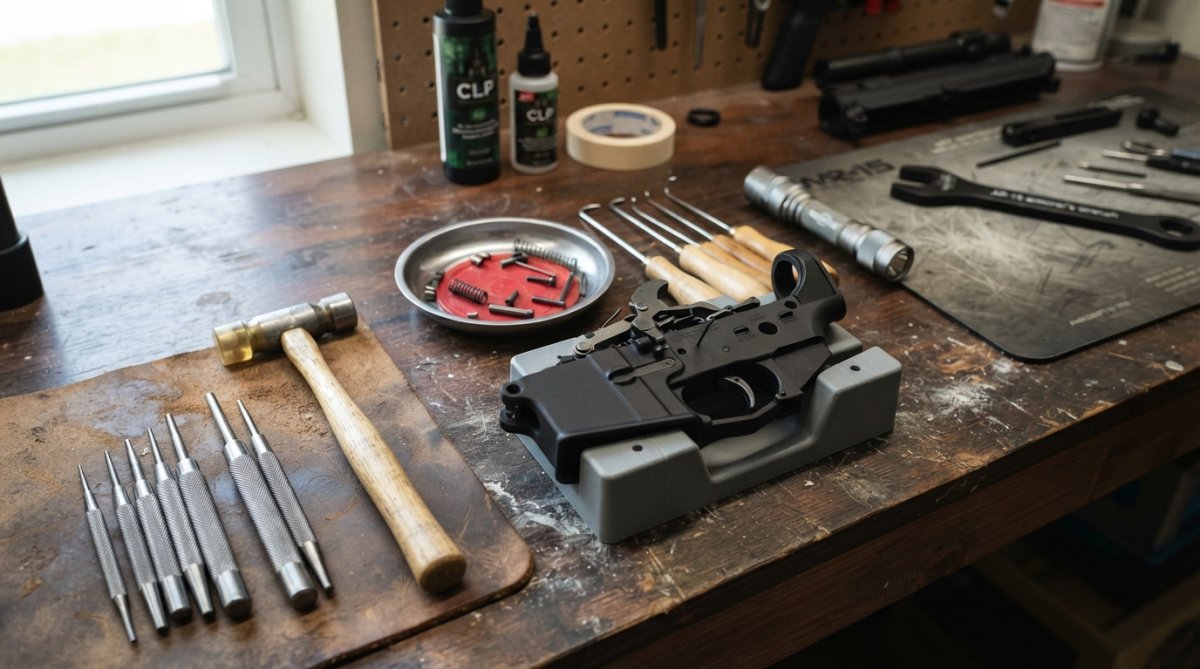Workbench displaying trigger installation tools including roll pin punches of various sizes, spring hooks, magnetic parts tray, small hammer, flashlight, and partially disassembled firearm receiver with trigger group components